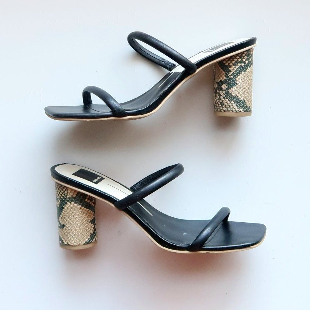 DOLCE VITA Noles Black Leather Strappy Snakeskin Round Cylinder Heel Mule Sandal